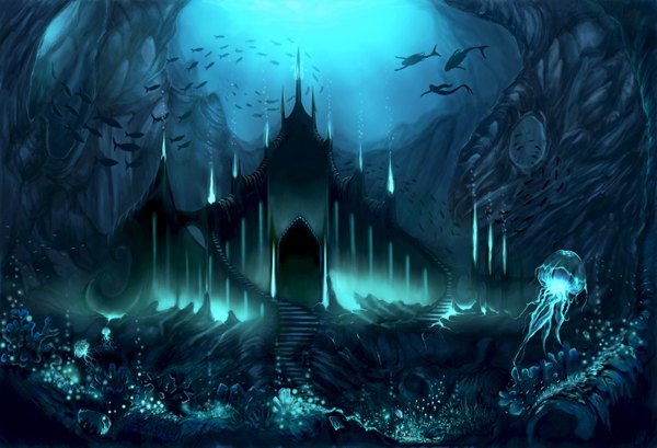Anime picture 6000x4091 with original akaruimiho (artist) highres multiple girls absurdres dark background underwater landscape fantasy rock girl 3 girls bubble (bubbles) fish (fishes) stairs flame castle fireflies mermaid jellyfish