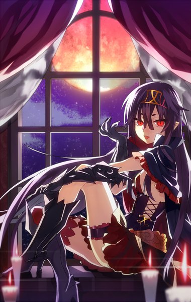 Anime picture 1000x1577 with original sanae (satansanae) single tall image looking at viewer red eyes sitting purple hair very long hair pointy ears girl dress gloves boots belt window tongue thigh strap moon headband