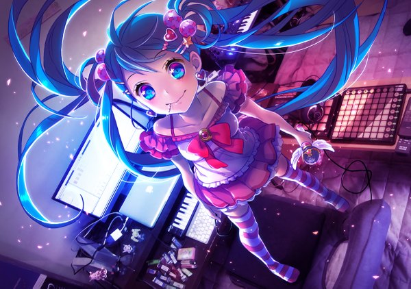 Anime picture 1200x845 with vocaloid hatsune miku yamori (stom) long hair looking at viewer blue eyes smile twintails blue hair girl thighhighs dress hair ornament striped thighhighs microphone monitor computer keyboard