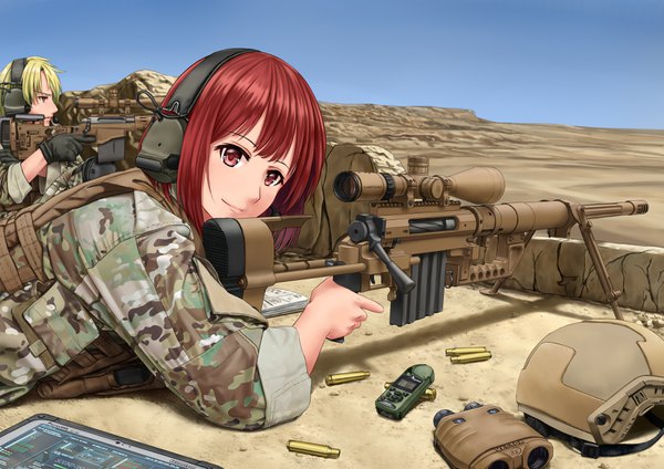 Anime picture 3507x2480 with original jpc looking at viewer highres short hair blonde hair red eyes brown eyes absurdres sky red hair lying light smile horizon twisty sleeves headwear removed military camouflage desert helmet removed