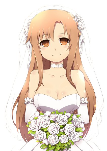 Anime picture 1000x1414 with sword art online a-1 pictures yuuki asuna single long hair tall image blush simple background smile brown hair white background brown eyes girl dress gloves flower (flowers) elbow gloves wedding dress