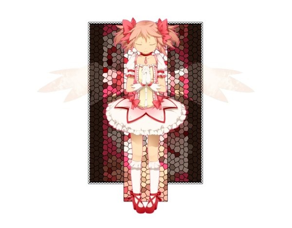 Anime picture 1280x1000 with mahou shoujo madoka magica shaft (studio) kaname madoka single short hair simple background white background pink hair eyes closed praying girl dress gloves wings socks white socks