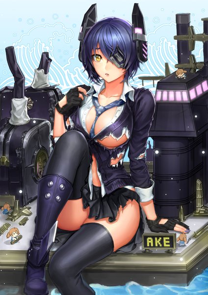 Anime picture 2480x3508 with kantai collection tenryuu light cruiser ake (cherrylich) single tall image highres short hair breasts light erotic yellow eyes blue hair torn clothes girl thighhighs gloves hair ornament weapon black thighhighs boots fingerless gloves
