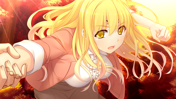 Anime picture 1280x720 with houkago no futekikakusha honnami shiori single long hair open mouth blonde hair wide image yellow eyes game cg girl dress fist