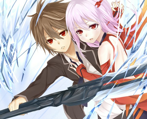 Anime picture 1050x850 with guilty crown production i.g yuzuriha inori ouma shu heirou long hair short hair open mouth black hair red eyes pink hair couple holding hands girl boy uniform hair ornament weapon school uniform detached sleeves