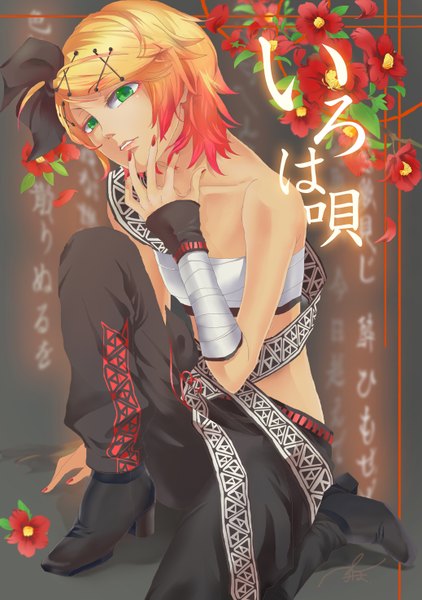 Anime picture 1037x1473 with vocaloid iroha uta (vocaloid) kagamine rin tagme (artist) single tall image short hair green eyes nail polish multicolored hair two-tone hair girl hair ornament flower (flowers) petals boots hairband bobby pin bandage (bandages)