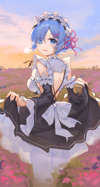Anime picture 2017x3747 with re:zero kara hajimeru isekai seikatsu white fox rem (re:zero) sentter single tall image looking at viewer fringe highres short hair open mouth blue eyes smile standing holding blue hair sky cloud (clouds) outdoors long sleeves