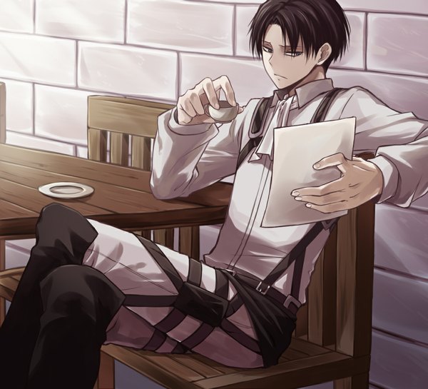 Anime picture 1100x1000 with shingeki no kyojin production i.g levi (rivaille) angel31424 single short hair blue eyes brown hair sitting crossed legs reading boy boots belt thigh strap pants knee boots chair table cup