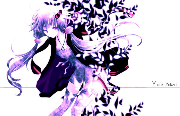 Anime picture 1200x772 with vocaloid yuzuki yukari aonoe long hair fringe simple background white background purple eyes twintails looking away purple hair low twintails girl thighhighs hair ornament plant (plants) jacket hairclip hair tubes suspenders