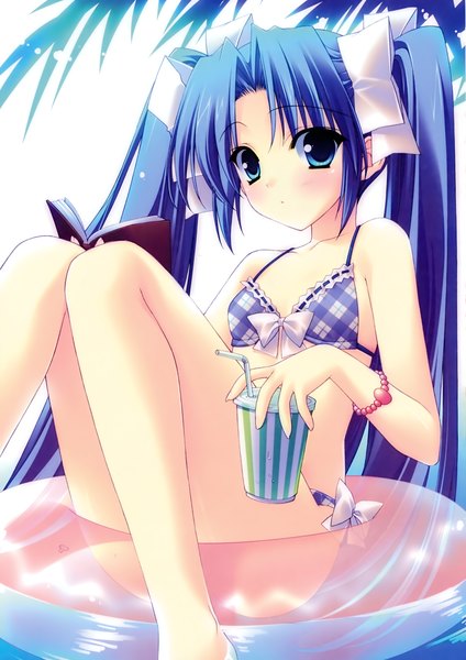 Anime picture 2120x3000 with r.g.b! shiki ai suzuhira hiro single long hair tall image highres blue eyes light erotic twintails blue hair scan girl bow swimsuit hair bow bikini book (books) plaid bikini