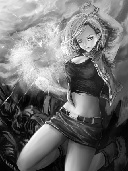 Anime picture 1500x2000 with dragon ball dragon ball z android 18 rikamello single tall image looking at viewer short hair blonde hair smile sky cloud (clouds) bent knee (knees) open clothes open jacket bare legs kneeling monochrome girl skirt