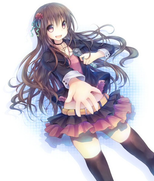 Anime picture 1160x1368 with original kabocha usagi single long hair tall image looking at viewer open mouth brown hair brown eyes hair flower zettai ryouiki girl thighhighs skirt hair ornament black thighhighs choker pendant microphone