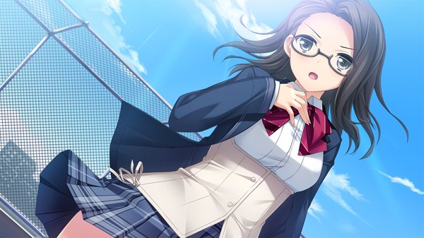 Anime picture 1280x720 with hotch kiss giga sonoda kasumi mikoto akemi short hair open mouth black hair wide image game cg black eyes girl skirt uniform school uniform miniskirt glasses bowtie