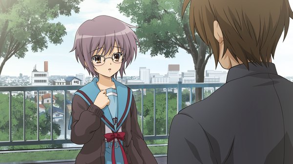 Anime picture 1920x1080 with suzumiya haruhi no yuutsu kyoto animation nagato yuki koizumi itsuki highres short hair brown hair wide image brown eyes game cg grey hair couple girl boy uniform plant (plants) school uniform tree (trees) glasses gakuran