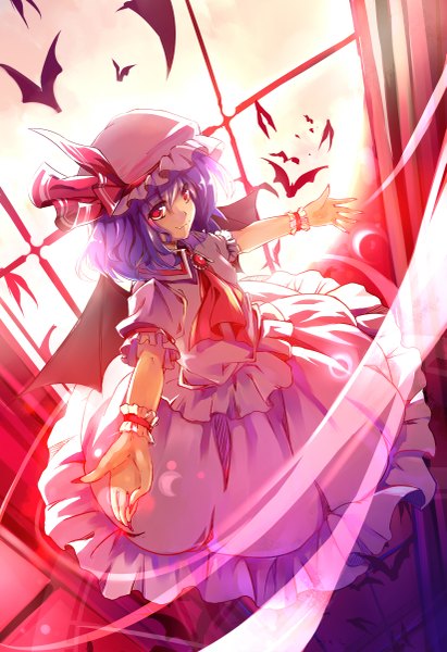 Anime picture 823x1200 with touhou remilia scarlet baisi shaonian single tall image looking at viewer short hair red eyes purple hair nail polish fingernails light smile spread arms long fingernails flying bat wings backlighting vampire girl dress