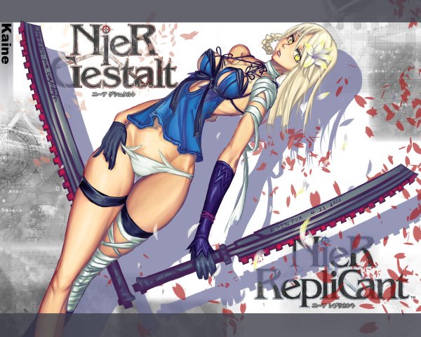 Anime picture 1200x960 with nier nier replicant kaine (nier) edenfox single long hair light erotic blonde hair holding yellow eyes braid (braids) hair flower inscription shadow dual wielding logo girl gloves hair ornament underwear