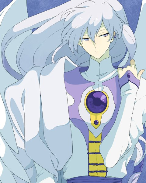 Anime picture 1024x1280 with card captor sakura clamp yue (cardcaptor sakura) niwatorisann single long hair tall image purple eyes silver hair angel wings silver eyes boy earrings wings