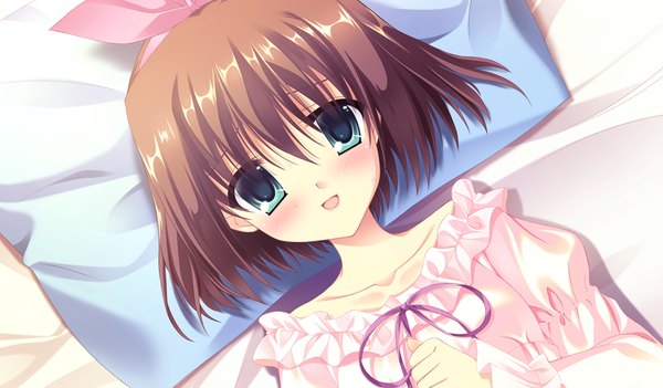 Anime picture 1024x600 with da capo iii katsuragi himeno takano yuki (allegro mistic) blush short hair open mouth blue eyes brown hair wide image game cg girl pillow