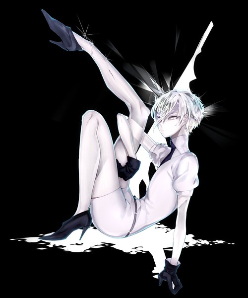 Anime picture 1000x1200 with houseki no kuni antarcticite aoray single tall image short hair looking away grey eyes legs black background leg lift (legs lift) androgynous gloves black gloves necktie shoes belt overalls