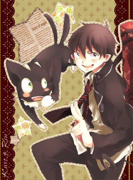 Anime picture 1300x1760 with ao no exorcist a-1 pictures okumura rin kuro (ao no exorcist) tall image blush short hair blue eyes smile brown hair pointy ears victory boy uniform school uniform animal necktie star (symbol) cat