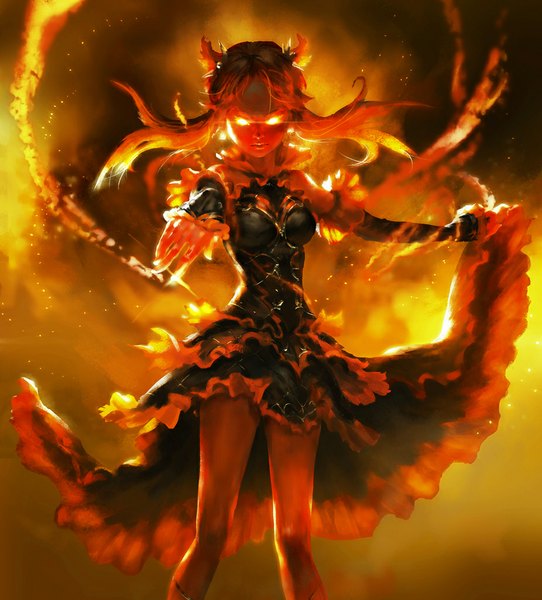 Anime picture 926x1024 with original mad jojo single long hair tall image looking at viewer fringe black hair standing twintails bare shoulders pointing girl dress detached sleeves fire flame armored dress