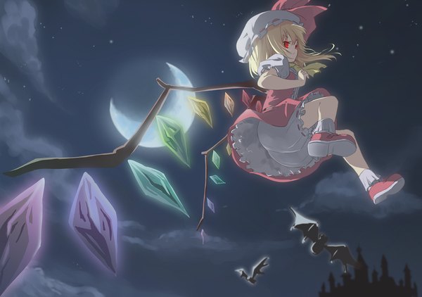 Anime picture 1182x832 with touhou flandre scarlet zhao shuwen single blonde hair red eyes night flying girl hat wings moon star (stars) bat
