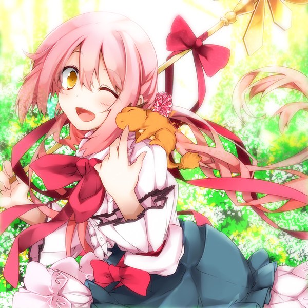Anime picture 1000x1000 with bemani kazetto (kazetsuto) single long hair open mouth twintails yellow eyes pink hair one eye closed wink girl dress bow ribbon (ribbons) animal staff bushes