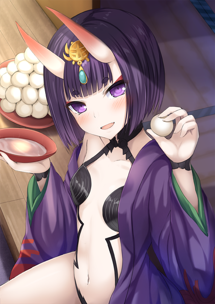 Anime picture 707x1000 with fate (series) fate/grand order shuten douji (fate) taiki ken single tall image looking at viewer blush short hair open mouth light erotic purple eyes purple hair head tilt :d horn (horns) eyeshadow oni horns makeup oni