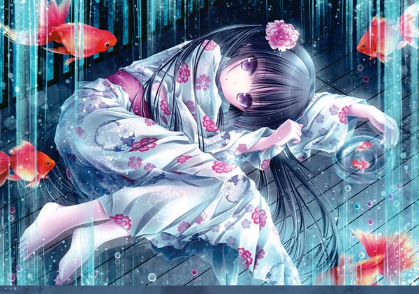 Anime picture 9861x6925 with original tinker bell single long hair looking at viewer blush highres black hair purple eyes absurdres lying japanese clothes barefoot hair flower loli girl hair ornament fish (fishes) yukata