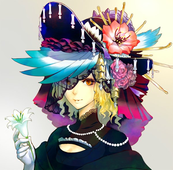 Anime picture 1000x984 with original minoo single looking at viewer short hair simple background blonde hair holding light smile orange eyes eyeshadow girl gloves flower (flowers) hat frills white gloves rose (roses) star (symbol) bell