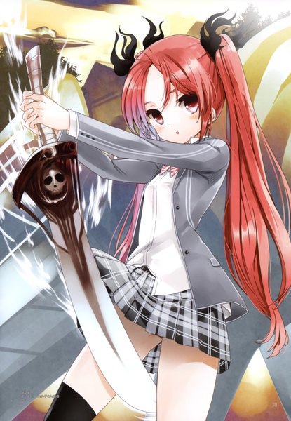 Anime picture 2407x3481 with haiyore! nyaruko-san cthugha (nyaruko-san) koin (foxmark) long hair tall image highres red eyes twintails red hair official art loli girl skirt weapon miniskirt sword skull