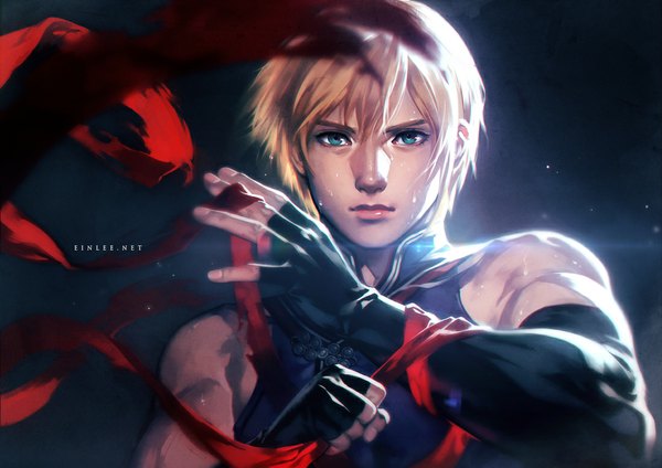 Anime picture 1100x778 with dead or alive ein lee (einlee) single looking at viewer short hair blue eyes blonde hair inscription sweat boy gloves ribbon (ribbons) elbow gloves fingerless gloves