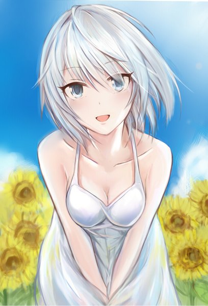Anime picture 680x1000 with idolmaster idolmaster cinderella girls anastasia (idolmaster) nannacy7 single tall image looking at viewer fringe short hair open mouth blue eyes hair between eyes bare shoulders sky silver hair outdoors leaning leaning forward summer revision