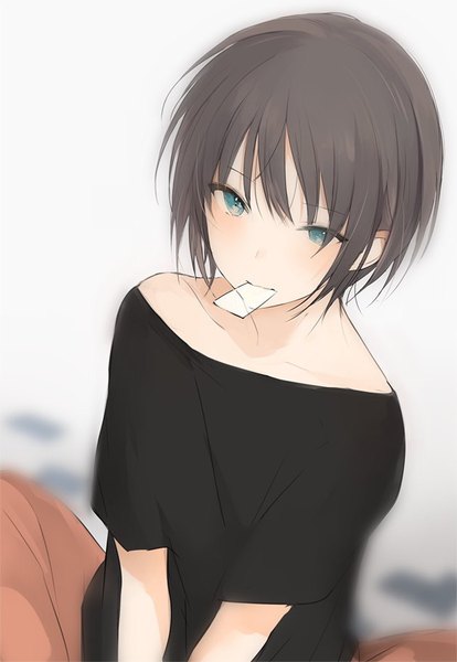 Anime picture 630x913 with original lpip single tall image looking at viewer blush fringe short hair blue eyes black hair sitting holding dutch angle mouth hold indian style boy t-shirt