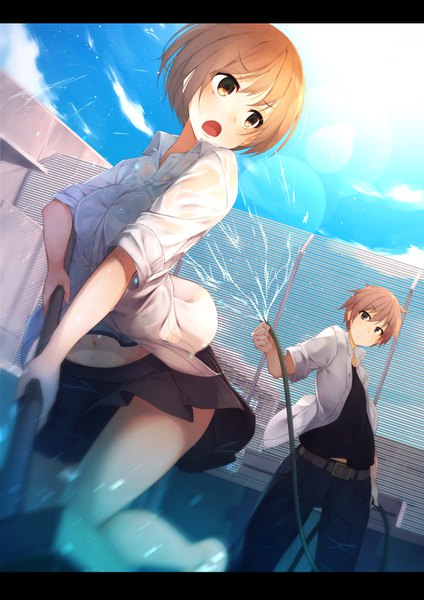 Anime picture 1157x1637 with original waterdog tall image blush short hair open mouth smile brown hair standing brown eyes sky cloud (clouds) bent knee (knees) pleated skirt sunlight blurry wet grin happy wet clothes