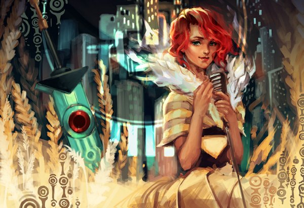 Anime picture 900x616 with transistor (game) red (transistor) lucidsky single looking at viewer short hair green eyes red hair lips lipstick red lipstick girl clothes microphone stand
