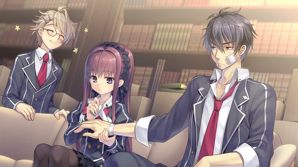 Anime picture 1280x720 with tokeijikake no ley line shishigatani ushio koga mitsuyoshi urabi (tomatohouse) long hair short hair black hair blonde hair wide image purple eyes brown eyes game cg red hair girl boy uniform school uniform glasses hairband