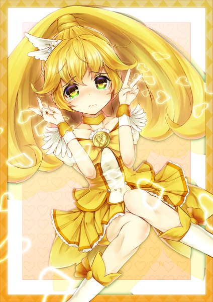 Anime picture 723x1023 with precure smile precure! toei animation kise yayoi cure peace ruki (rokiru) single long hair tall image looking at viewer blonde hair sitting tears multicolored eyes sad girl dress boots heart hairband