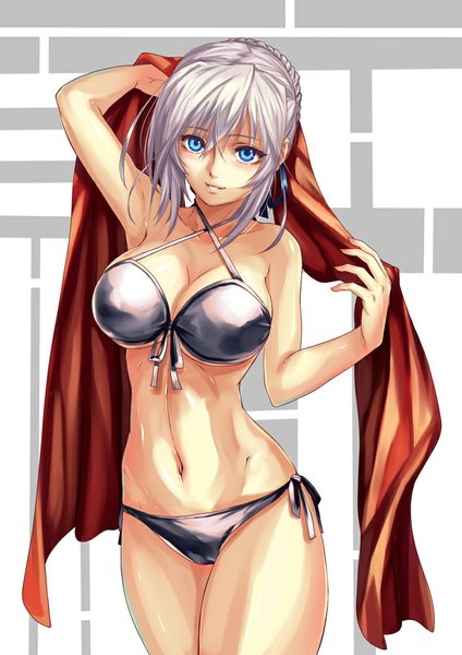 Anime picture 744x1052 with original ryuuzaki ichi single long hair tall image looking at viewer blush breasts blue eyes light erotic simple background smile large breasts bare shoulders cleavage braid (braids) bare belly girl navel hair ornament