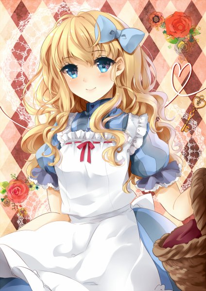 Anime picture 900x1273 with alice in wonderland alice (wonderland) puracotte long hair tall image looking at viewer blush blue eyes blonde hair smile heart of string girl dress flower (flowers) bow hair bow heart basket