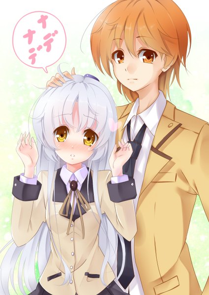 Anime picture 1062x1500 with angel beats! key (studio) tachibana kanade otonashi yuzuru kisaichi jin long hair tall image looking at viewer blush short hair yellow eyes white hair orange hair orange eyes hand in pocket girl boy uniform school uniform