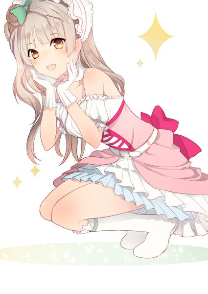 Anime picture 637x900 with love live! school idol project sunrise (studio) love live! minami kotori lpip single long hair tall image blush fringe open mouth simple background white background bare shoulders silver hair full body hair bun (hair buns) one side up squat girl