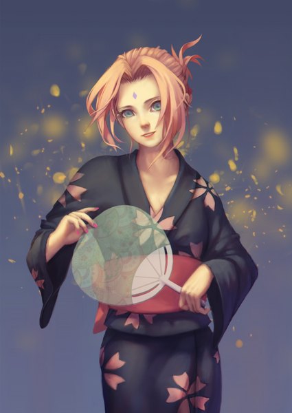Anime picture 2000x2824 with naruto studio pierrot naruto (series) haruno sakura cjh123456 single tall image looking at viewer highres short hair blue eyes simple background smile pink hair nail polish traditional clothes japanese clothes fingernails lips alternate costume