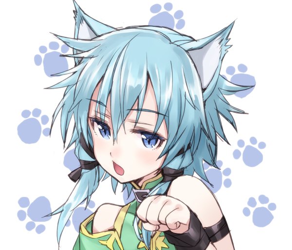 Anime picture 1200x1027 with sword art online a-1 pictures asada shino matsuryuu single long hair looking at viewer blush open mouth animal ears aqua eyes cat ears aqua hair paw print girl