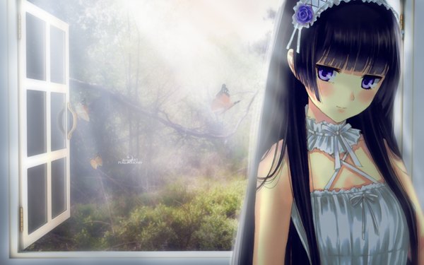 Anime picture 1920x1200 with original kazuharu kina pure-poison89 single long hair looking at viewer blush fringe highres smile purple eyes bare shoulders purple hair sunlight close-up sunbeam girl dress plant (plants) window