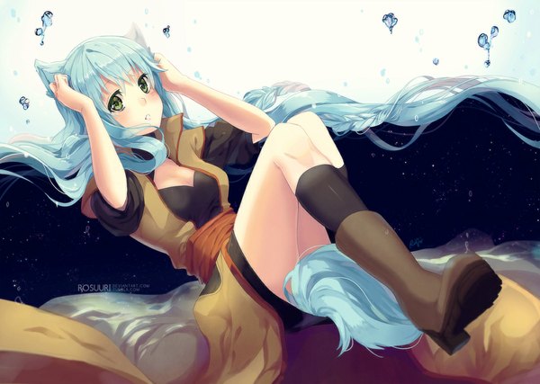 Anime picture 1150x820 with original rosuuri single blush green eyes animal ears very long hair traditional clothes japanese clothes aqua hair underwater girl socks belt kimono black socks thigh boots knee socks