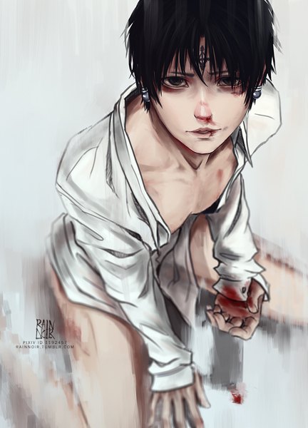 Anime picture 700x972 with hunter x hunter chrollo lucilfer rainnoir single tall image looking at viewer fringe short hair light erotic black hair simple background hair between eyes sitting signed full body long sleeves parted lips from above black eyes blurry