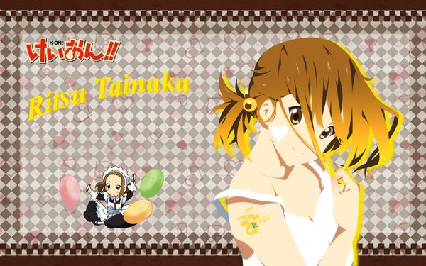 Anime picture 1920x1200 with k-on! kyoto animation tainaka ritsu single highres short hair brown hair wide image brown eyes tattoo chibi girl