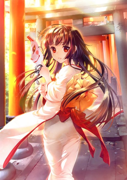 Anime picture 3242x4593 with original eshi 100-nin ten shirahane nao single long hair tall image looking at viewer highres black hair red eyes absurdres traditional clothes japanese clothes looking back girl kimono mask torii