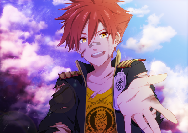 Anime picture 1200x848 with touken ranbu nitroplus aizen kunitoshi ulrica single looking at viewer short hair open mouth yellow eyes sky cloud (clouds) red hair teeth torn clothes outstretched arm happy injury bandaid on nose boy blood